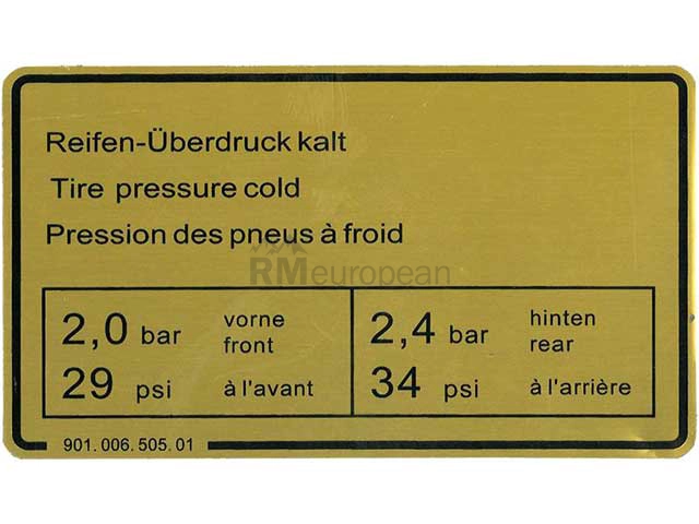 Porsche Tire Pressure Decal Dansk Classic 90100650501